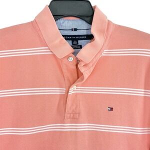 Tommy Hilfiger Men's XL‎ Classic Fit Peach/Coral Stripe Polo Shirt Cotton Logo